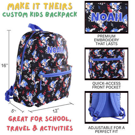 Personalized Sonic Backpack for Kids | Custom Name Embroidered Bookbag (16 Inch)