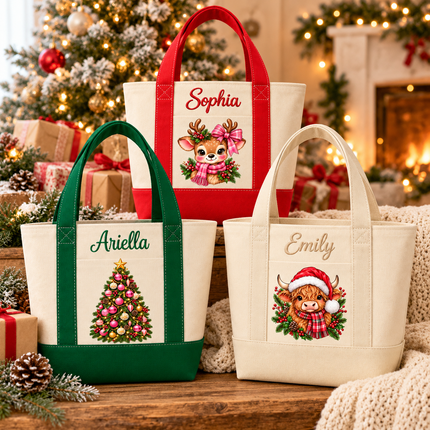 Personalized Christmas Mini Tote Bag – Custom Embroidered Name