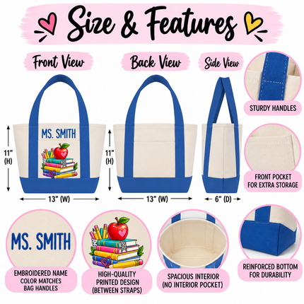 Personalized Teacher Mini Tote Bag – Custom Embroidered Name