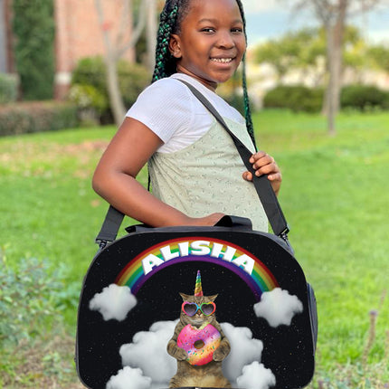 Personalized Full Color Backpacks, Lunch Bag, Duffel Bag, or Water Bottle - Cat With Donut