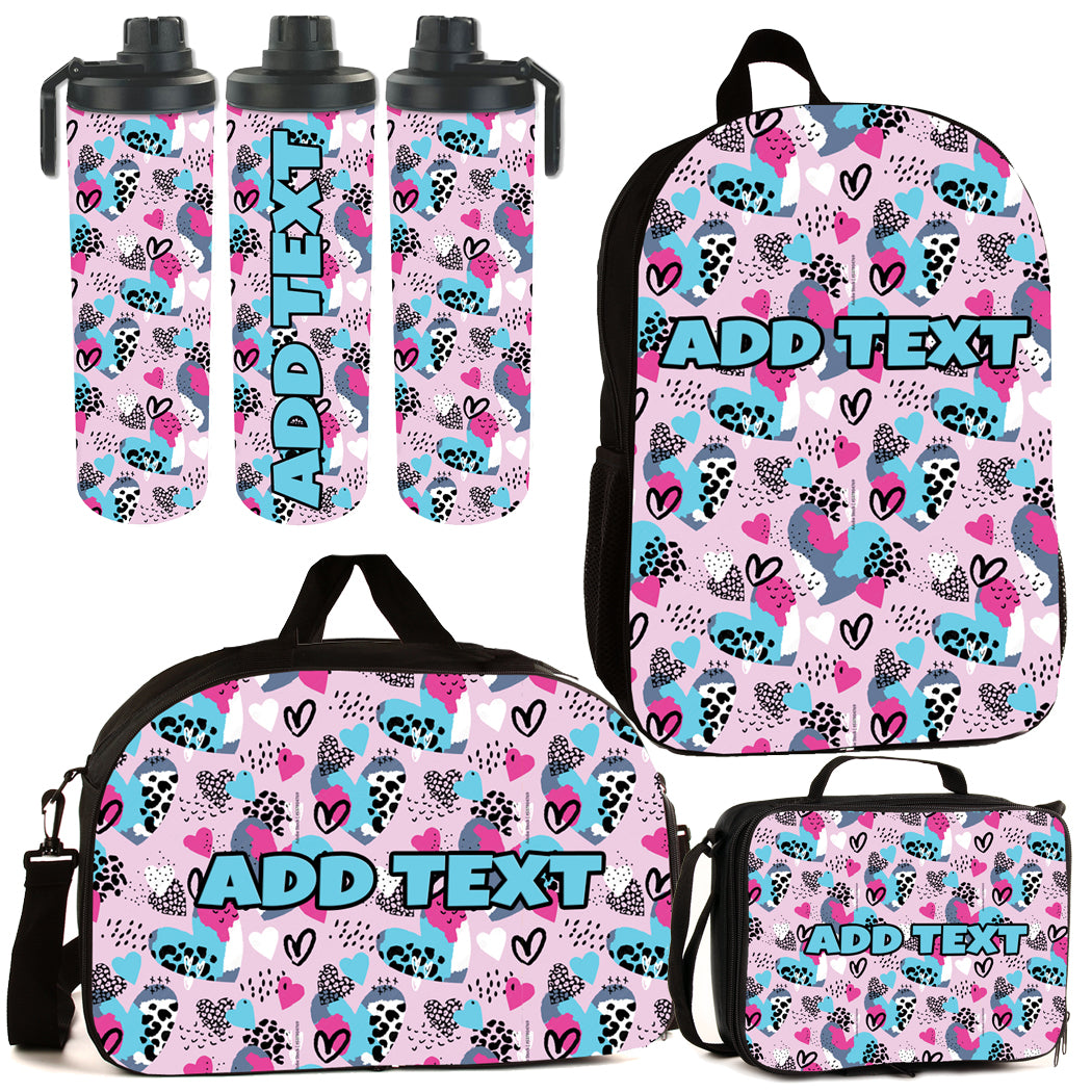 Personalized Backpacks, Lunch Bags, Duffel Bags, or Water Bottles with Full-Color Sweet Hearts