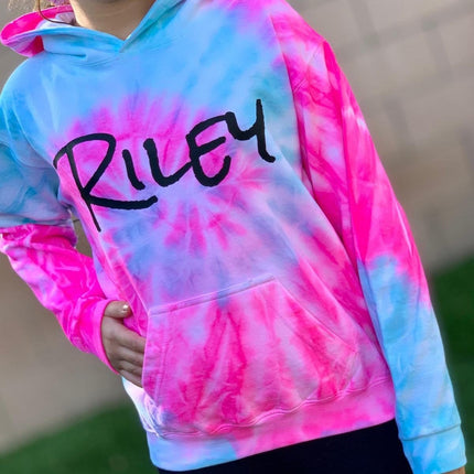 Personalized Neon Tie Dye Fleece Pullover Hooded Sweatshirt - Grey/Rainbow