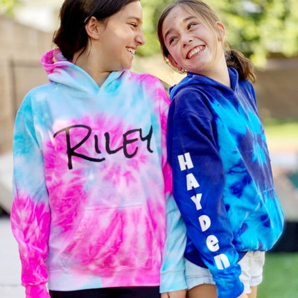 Personalized Neon Tie Dye Fleece Pullover Hooded Sweatshirt - Grey/Rainbow